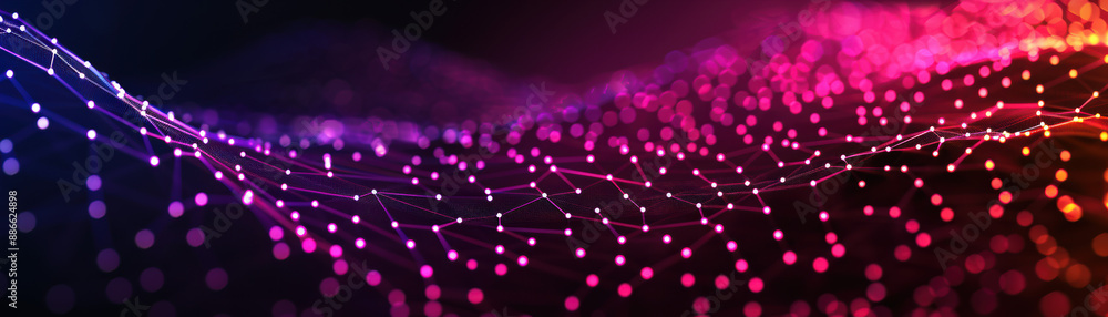 Fototapeta premium Abstract digital network background with colorful glowing dots and lines creating a dynamic wave pattern. Futuristic and technological design.