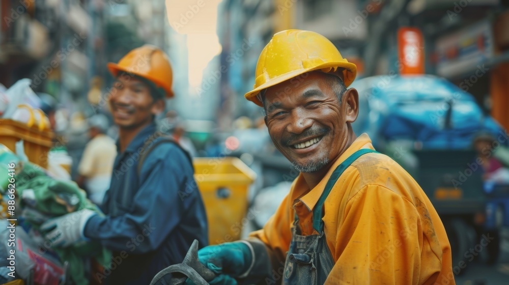 Smiling hardhat workers in an urban recycling area with equipment Smiling hardhat workers in an urban recycling area with equipment