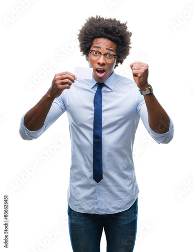 Afro american man holding visit card over isolated background annoyed and frustrated shouting with anger, crazy and yelling with raised hand, anger concept