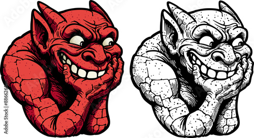The red stone demon laughs and covers his mouth with his hand