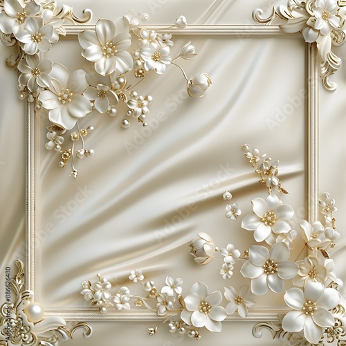 An Elegant Floral Frame with Intricate Pearl Accents and Satin like Luxurious Background photo