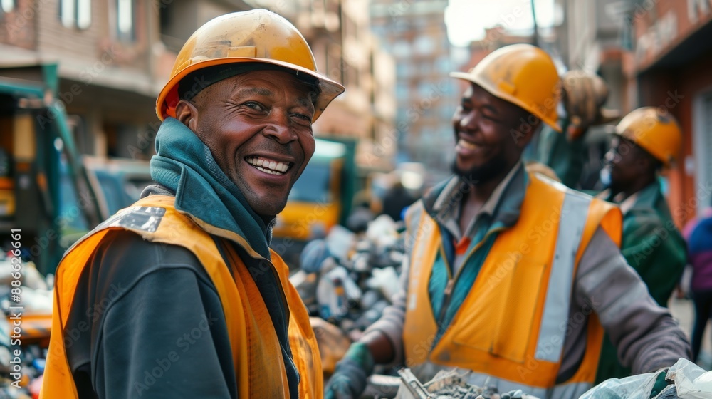 Smiling hardhat workers in an urban recycling area with equipment Smiling hardhat workers in an urban recycling area with equipment