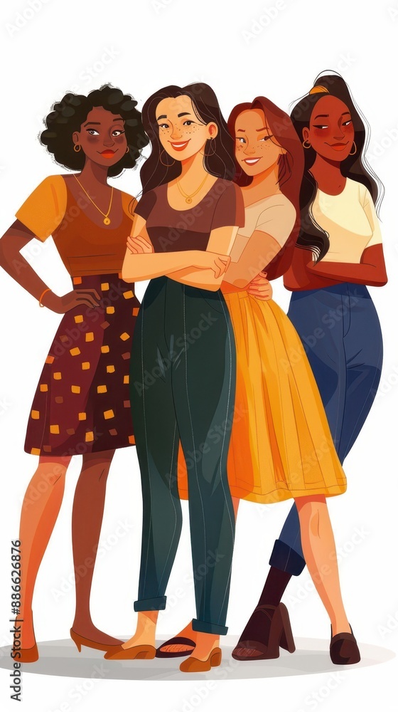 Fototapeta premium Four Diverse Women Standing Together, Embracing Unity and Friendship