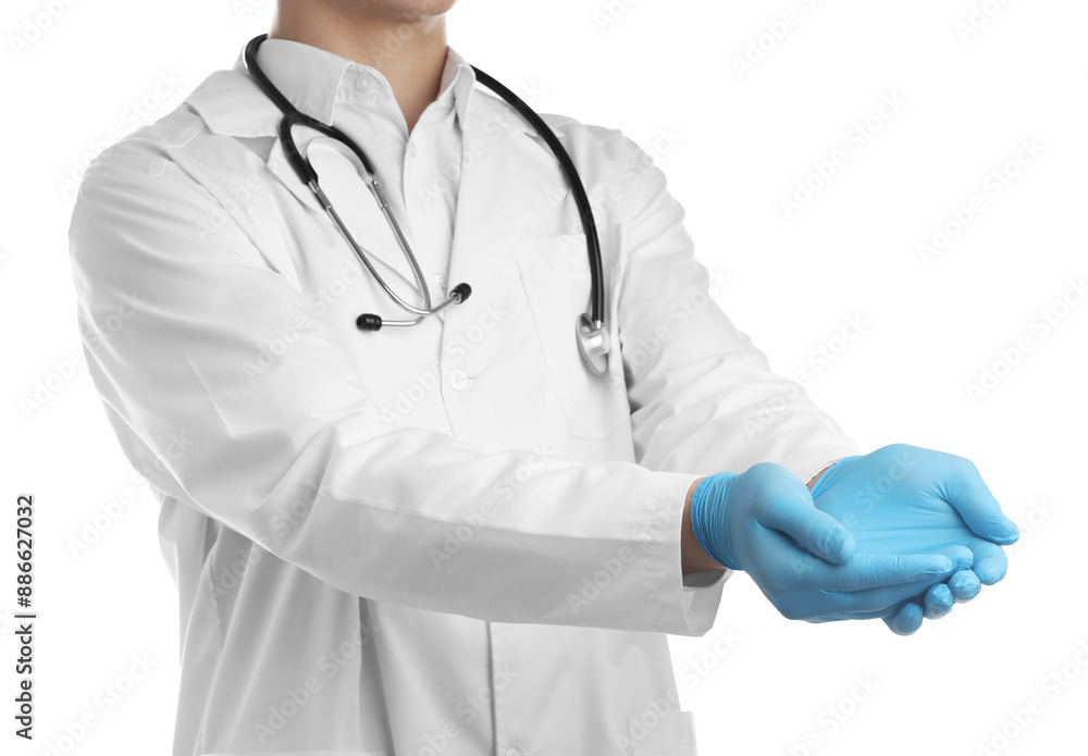 Doctor holding something on white background, closeup Doctor holding something on white background, closeup
