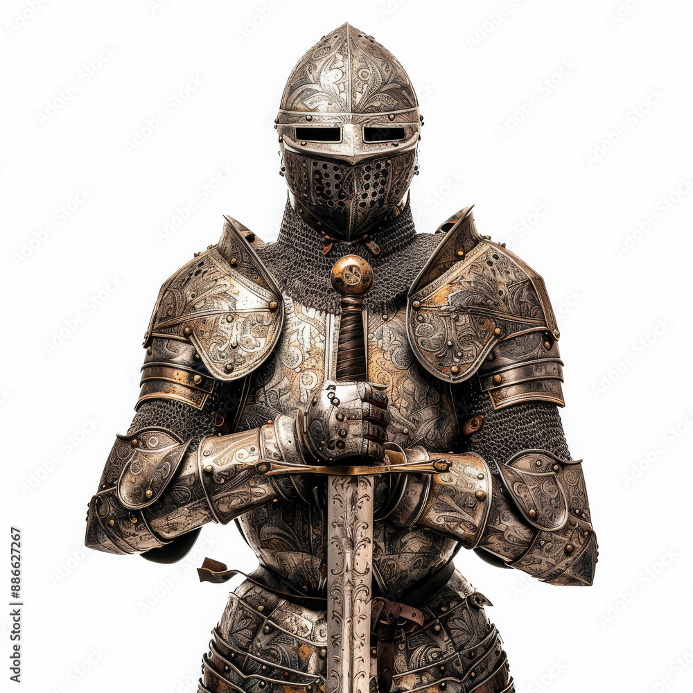 A knight in ceremonial armor, with intricate engravings and a polished finish, holding a ceremonial sword, isolated on white background. A knight in ceremonial armor, with intricate engravings and a polished finish, holding a ceremonial sword, isolated on white background.