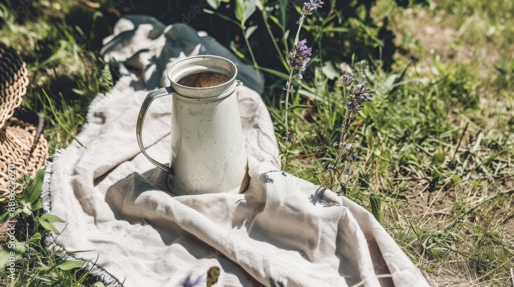 Obraz premium Refreshing water jug for outdoor picnic, top-down view - perfect for summer gatherings.
