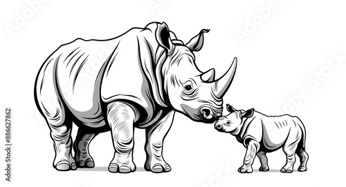Drawing of a mother and baby rhino, black lines, white background.