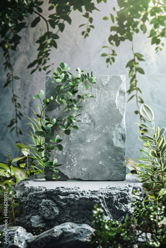 Textured schist stone podium for product presentation on a mountainous, outdoor-themed background with greenery photo