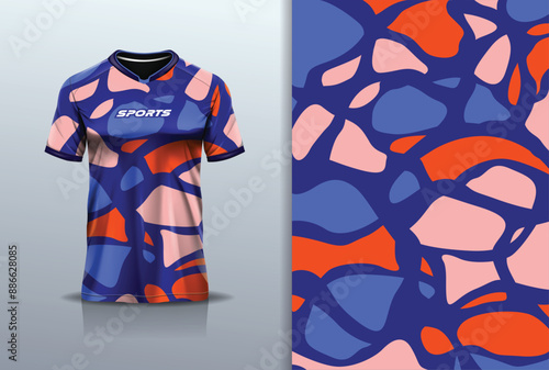 Sport jersey template mockup stone design for football soccer, racing, running, e sports, blue pink orange color