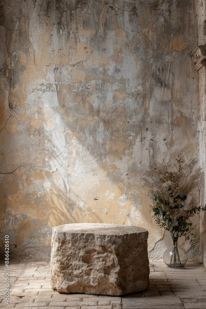 Weathered limestone stone podium for product presentation on a rustic, countryside-themed background Weathered limestone stone podium for product presentation on a rustic, countryside-themed background