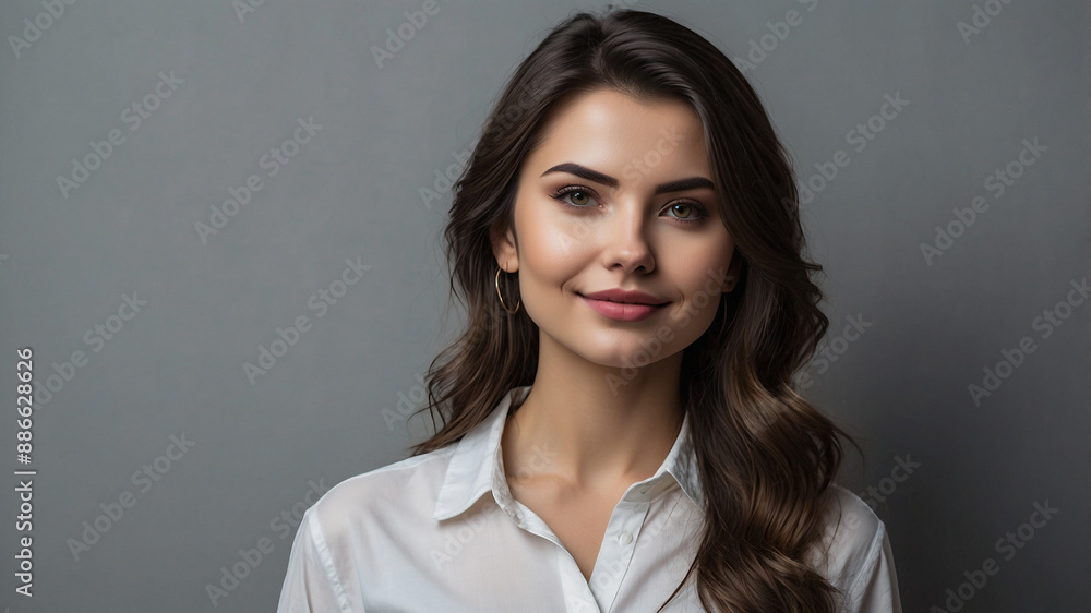 Young woman with long, dark brown hair, in white button-down shirt, smiles at camera against plain gray background Young woman with long, dark brown hair, in white button-down shirt, smiles at camera against plain gray background