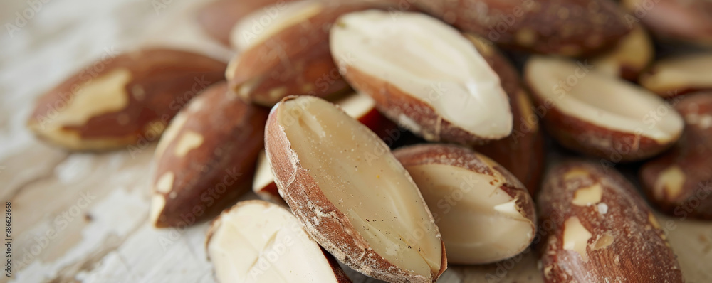 A close-up of a handful of raw, unshelled Brazil nuts, showcasing their earthy texture and creamy color. The Brazil nuts are scattered on a light wooden surface. A close-up of a handful of raw, unshelled Brazil nuts, showcasing their earthy texture and creamy color. The Brazil nuts are scattered on a light wooden surface.