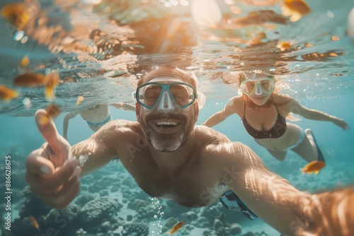 Father and family snorkeling at sunrise on a tropical island, smiling, vibrant marine life, clear blue water, warm golden light, joyful atmosphere, perfect adventure photo