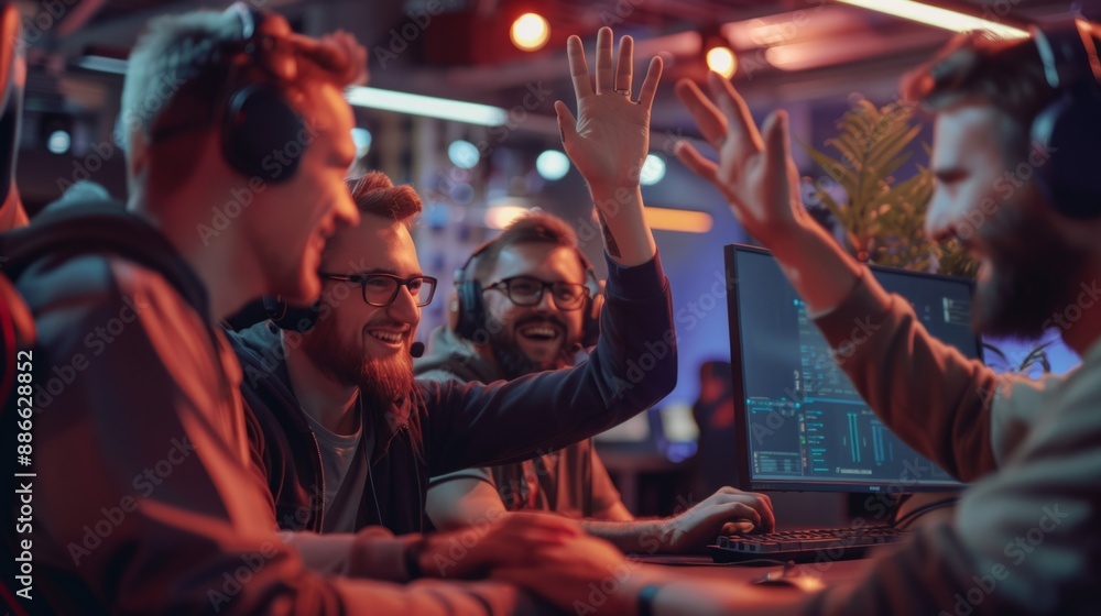 Obraz premium Three young men celebrate a gaming victory in a brightly lit room, their faces illuminated by the glow of a computer screen
