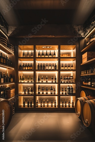 Wine cellar interior design concept with wooden shelves, oak barrels. Fine wine collection on display with natural filtering through window. Rustic charm creates inviting atmosphere for wine tasting. photo