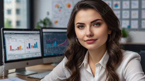 Free Download Confident young businesswoman in white shirt sitting at clean and organized desk in office, looking at camera with computer monitors displaying charts and graphs - GFXLoad