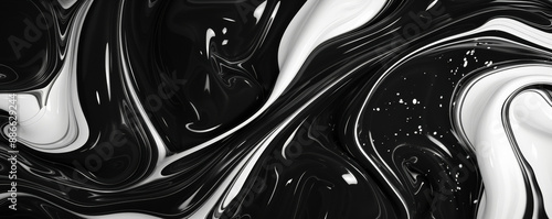 Abstract fluid art background featuring bold black and white swirls, creating a striking monochromatic pattern with high contrast and dynamic movement.