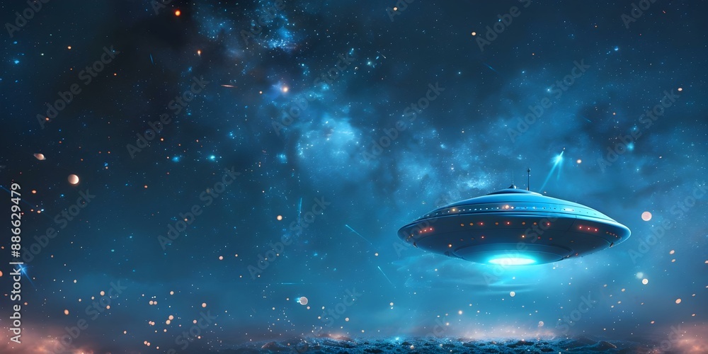 Celebrate UFO Day with an Artistic Banner Featuring Stars on a Dark Blue Background. Concept UFO Day, Artistic Banner, Stars, Dark Blue Background, Celebration Celebrate UFO Day with an Artistic Banner Featuring Stars on a Dark Blue Background. Concept UFO Day, Artistic Banner, Stars, Dark Blue Background, Celebration
