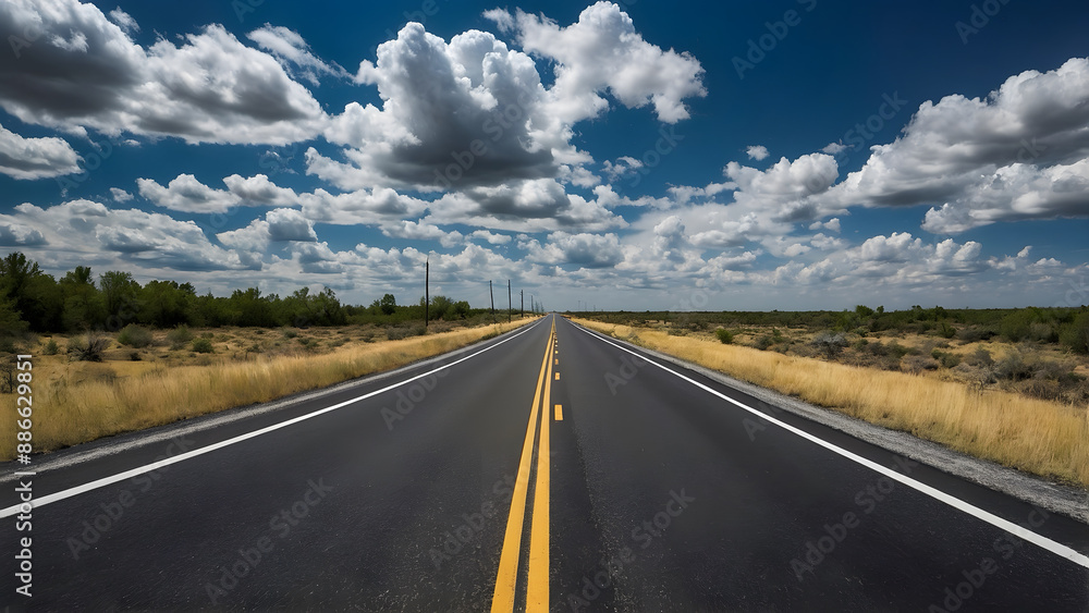 Obraz premium A straight asphalt highway with blue sky