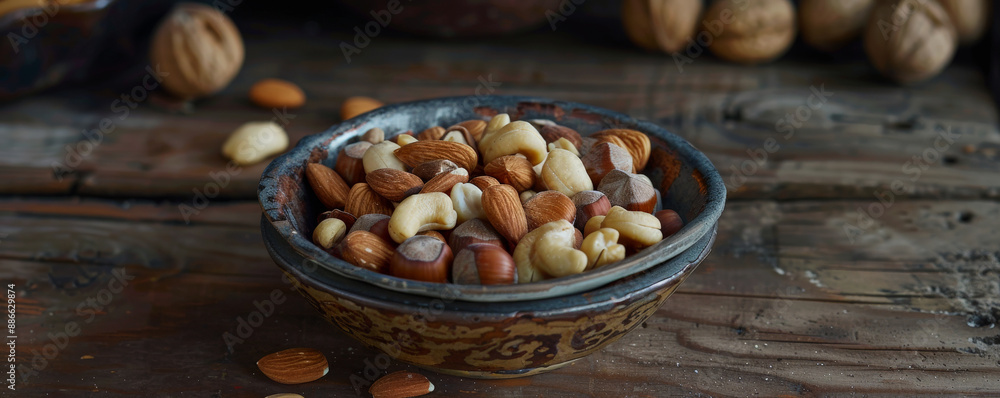 A detailed shot of a bowl of mixed nuts, including almonds, macadamias, and hazelnuts, set on a rustic wooden table. The varied textures and colors create a harmonious blend. A detailed shot of a bowl of mixed nuts, including almonds, macadamias, and hazelnuts, set on a rustic wooden table. The varied textures and colors create a harmonious blend.
