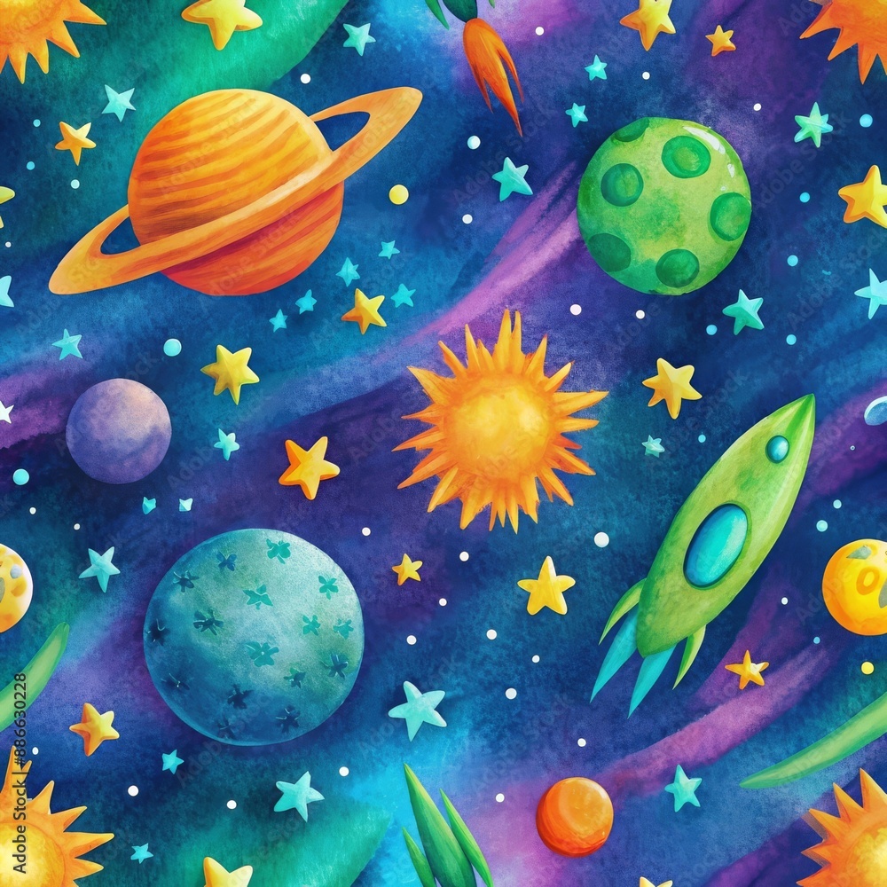 Immerse in the vibrant beauty of outer space, adorned with planets and a rocket. Seamless pattern. Immerse in the vibrant beauty of outer space, adorned with planets and a rocket. Seamless pattern.