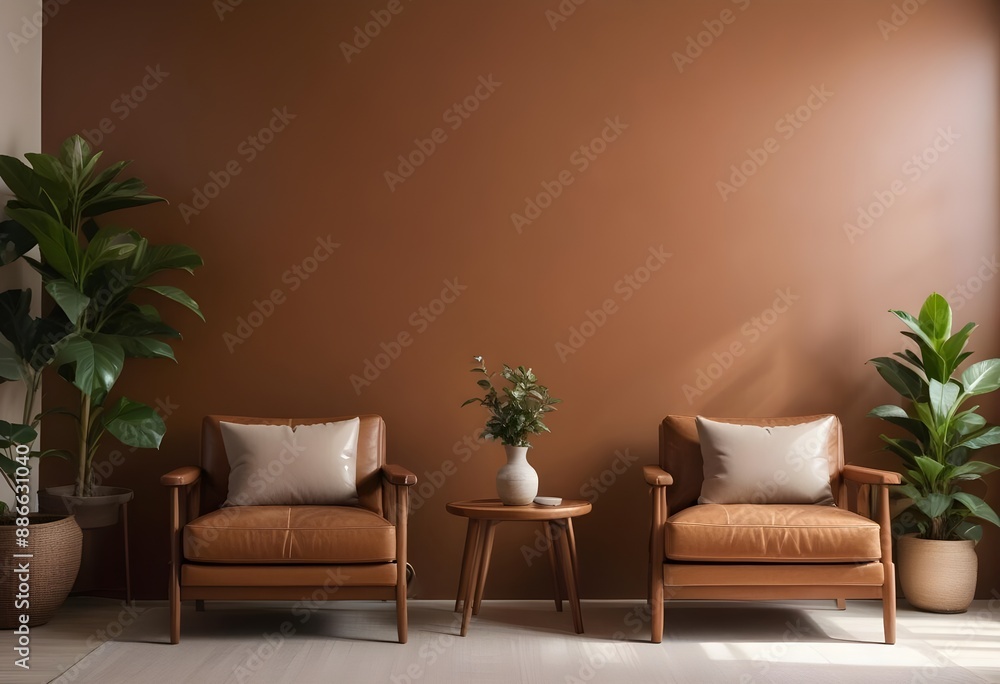 Modern minimalistic living room interior mockup empty brown wall with chairs side table and plants. Generative AI