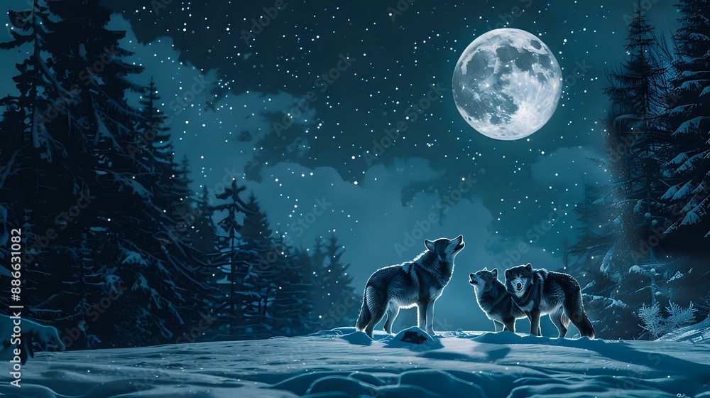 Pack of wolves in a snowy forest, their fur blending with the winter ...