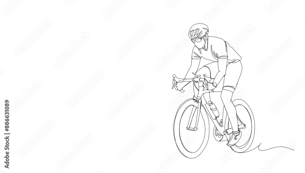 Obraz premium Man riding racing bike wear helmet continuous line drawing. Fitness and sport concept. Vector illustration minimalist design hand drawn.