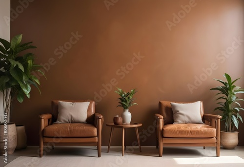 Modern minimalistic living room interior mockup empty brown wall with chairs side table and plants. Generative AI © Sharif54