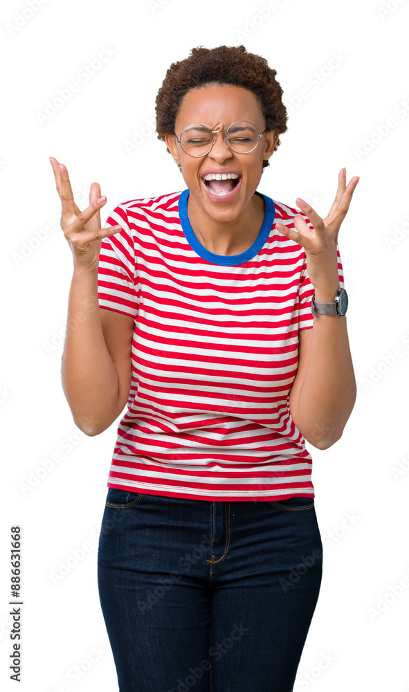 Beautiful young african american woman wearing glasses over isolated background celebrating mad and crazy for success with arms raised and closed eyes screaming excited. Winner concept Beautiful young african american woman wearing glasses over isolated background celebrating mad and crazy for success with arms raised and closed eyes screaming excited. Winner concept