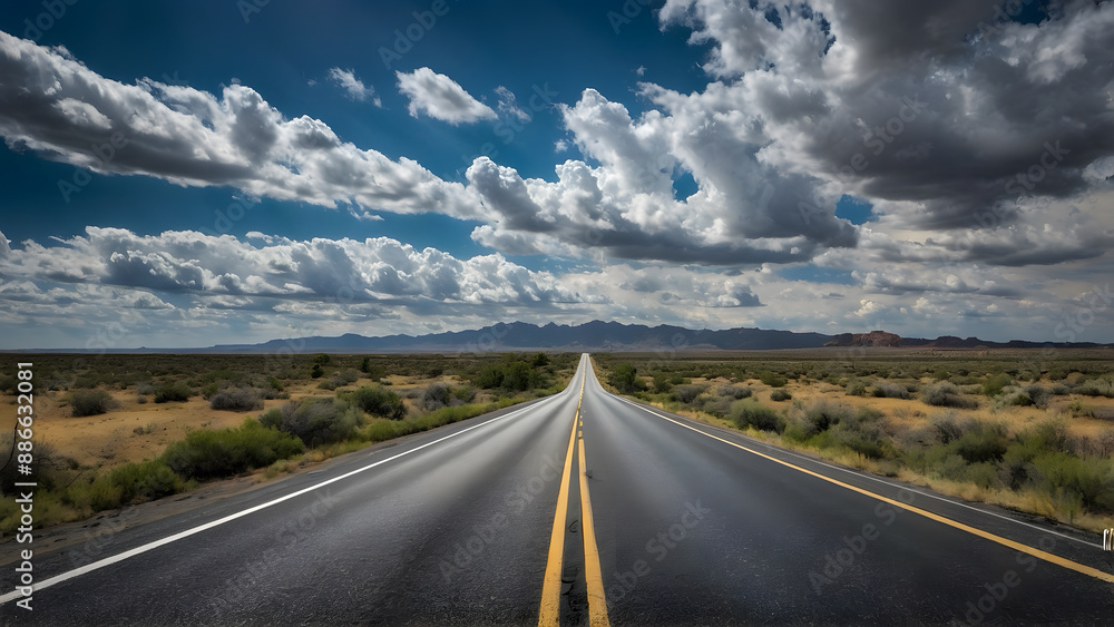 Naklejka premium A straight asphalt highway with blue sky