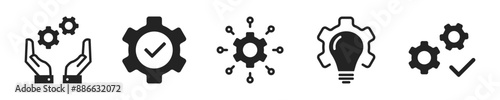 Settings icon set. Set of 5 outline icons related to setting, adjustments, operation, gear. Linear icon collection. Settings outline icons collection. Editable stroke. Vector illustration.