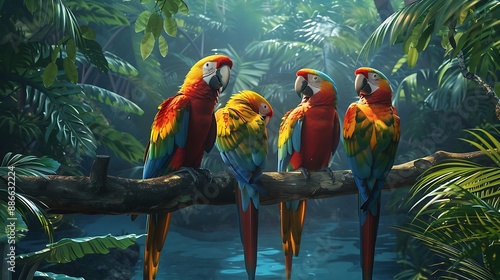 The image shows a trio of parrots perched on a branch in the jungle.