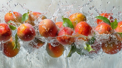 Dynamic shot of whole Alphonso mangoes being submerged in water creating a vibrant splash on a white background Stock Photo with copy space photo