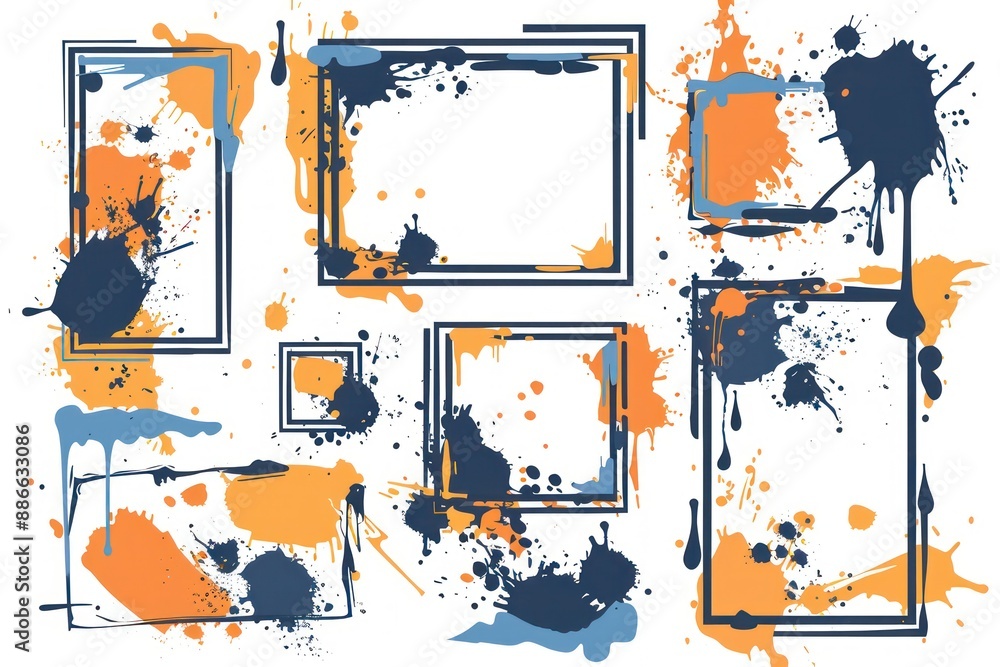 Fototapeta premium Stylish grunge vector frame elements with ink splatters, perfect for creative and unique design projects.