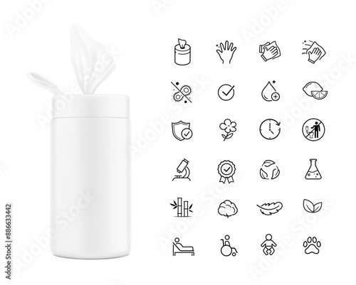 Open wet wipes canister mockup with set icons. Vector illustration isolated on white background. Easy to customise for your product, promo or ad. EPS10.