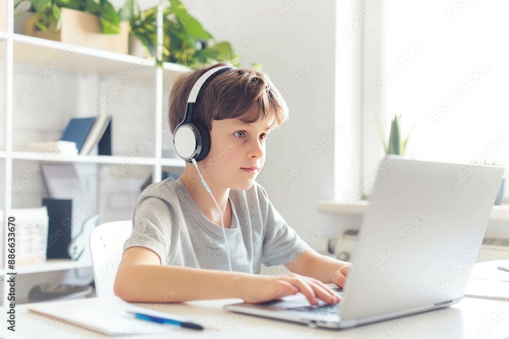 Distance learning: School boy using laptop and headphones Distance learning: School boy using laptop and headphones