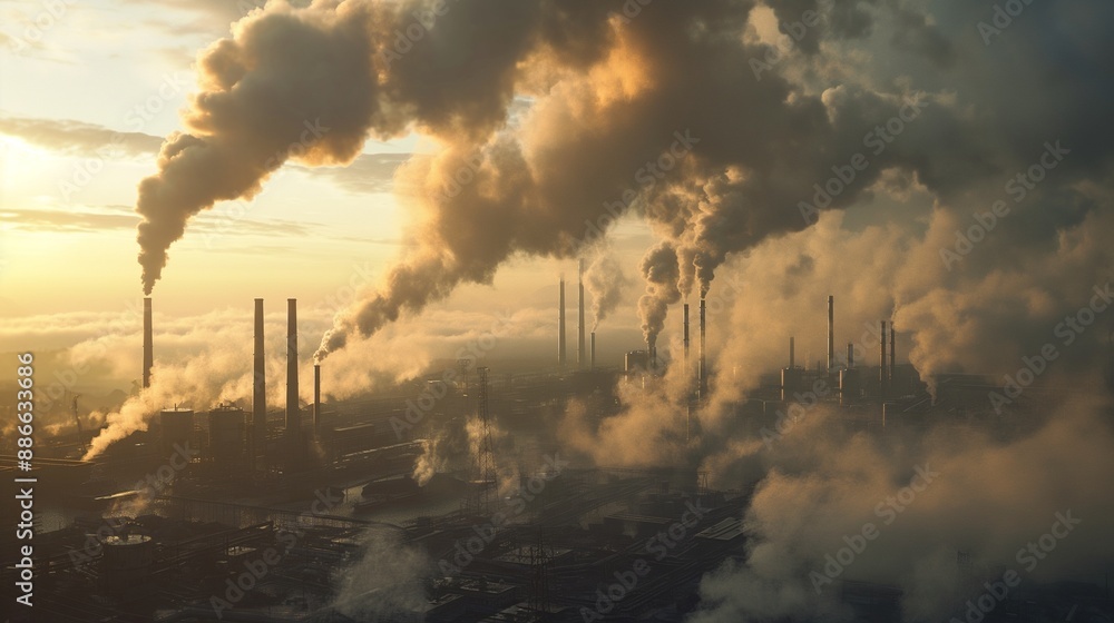 Fototapeta premium A 3D depiction of an industrial area with factories emitting thick smoke into the sky, representing the contribution of industrial activities to global warming.