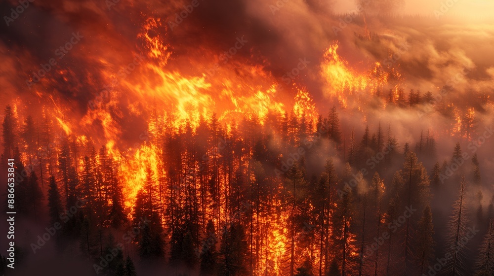 A 3D depiction of a forest fire with thick smoke and flames consuming the trees, illustrating the increasing intensity of wildfires due to global warming. A 3D depiction of a forest fire with thick smoke and flames consuming the trees, illustrating the increasing intensity of wildfires due to global warming.