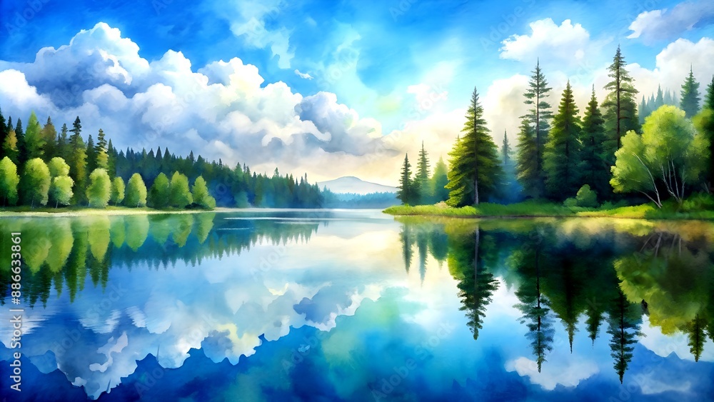 Fototapeta premium A Moment of Reflection: A Watercolor Painting of a Serene Lake Under a Clear Sky, Capturing the Tranquility of Water and Nature Generative Art IA