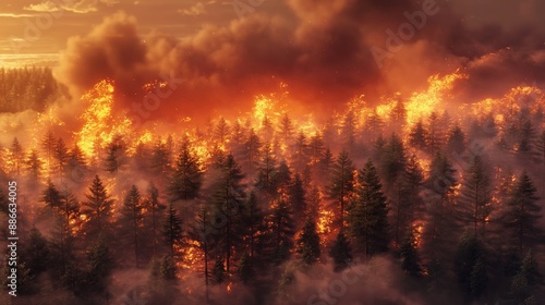 A 3D depiction of a forest fire with thick smoke and flames consuming the trees, illustrating the increasing intensity of wildfires due to global warming.