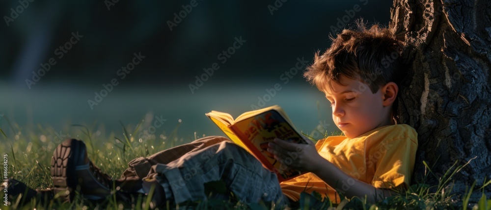 Fototapeta premium Boy Reading a Book Under a Tree in the Late Afternoon Sun