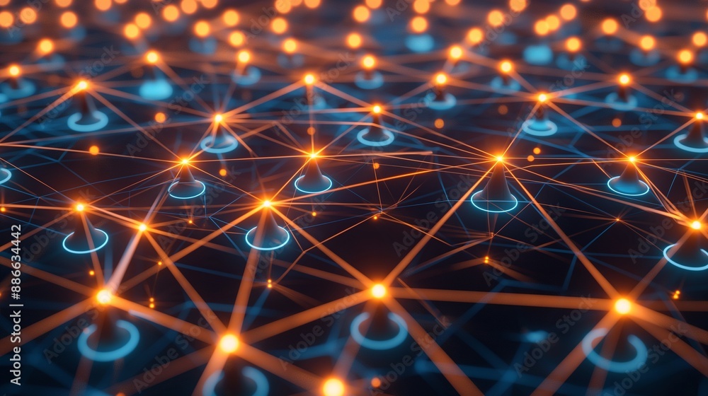 A 3D network grid with interconnected nodes glowing brightly, representing the robust and successful nature of strategic business management. A 3D network grid with interconnected nodes glowing brightly, representing the robust and successful nature of strategic business management.