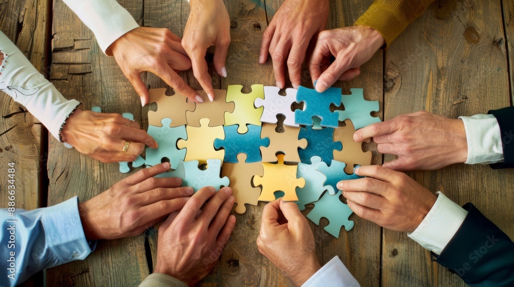 people putting together a puzzle. teamwork concept people putting together a puzzle. teamwork concept