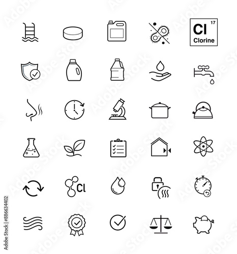 Chlorine and pool safety icon set. The outline icons are well scalable and editable. Contrasting elements are good for different backgrounds. EPS10.