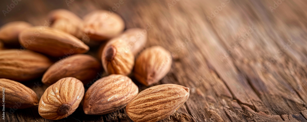 A close-up of a handful of raw, unshelled almonds, showcasing their smooth texture and rich brown color. The almonds are scattered on a polished wooden surface. A close-up of a handful of raw, unshelled almonds, showcasing their smooth texture and rich brown color. The almonds are scattered on a polished wooden surface.