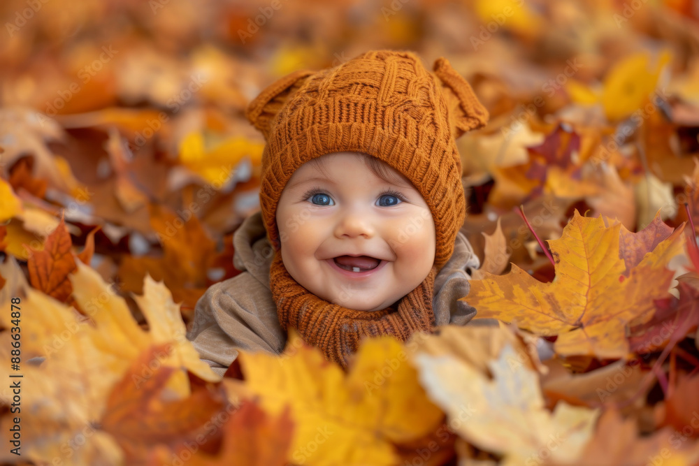 Little baby stretched out on the ground surrounded by autumn leaves Little baby stretched out on the ground surrounded by autumn leaves