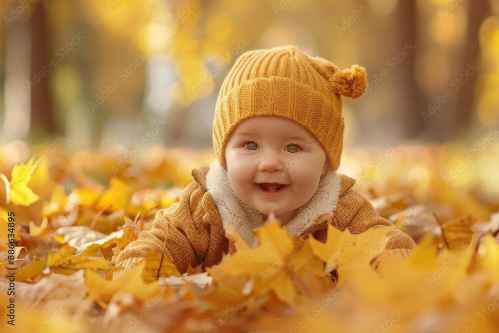 Little baby stretched out on the ground surrounded by autumn leaves Little baby stretched out on the ground surrounded by autumn leaves