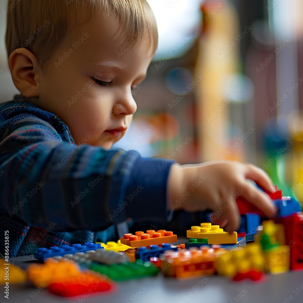 The image shows a young child playing with building blocks. The image shows a young child playing with building blocks.
