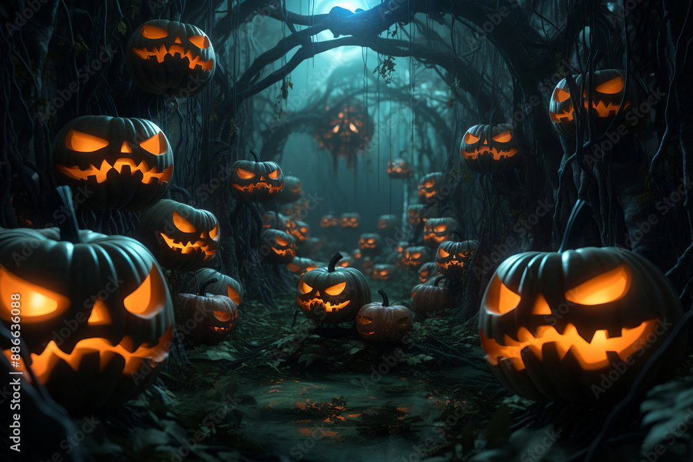 Fototapeta premium Generative ai on theme of large scary pumpkin with cut out eyes for celebration holiday Halloween